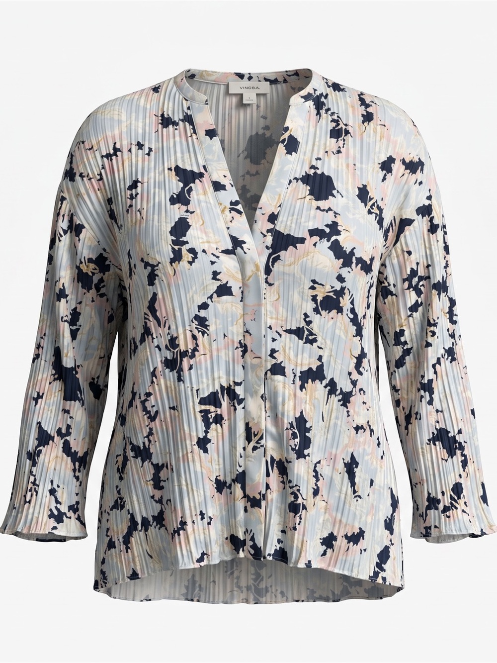 Vince Pleated Satin Floral Blouse Women’s M Relaxed Fit V Neck Button Front